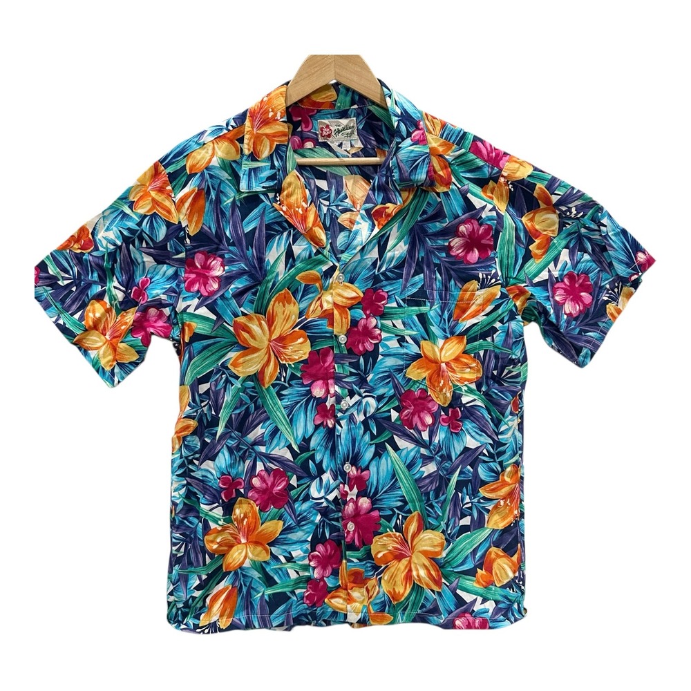 Vtg Hilo Hattie Hawaiian Original Colorful Floral Button Down Shirt Blue Orange